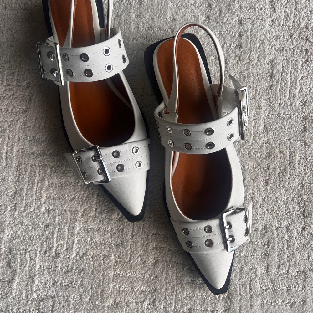 White Studded Slingback Flats with Buckle Straps